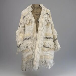 World Market Open Cardigan Fringe Shag Sweater One Size Pockets Boho Chic NEW